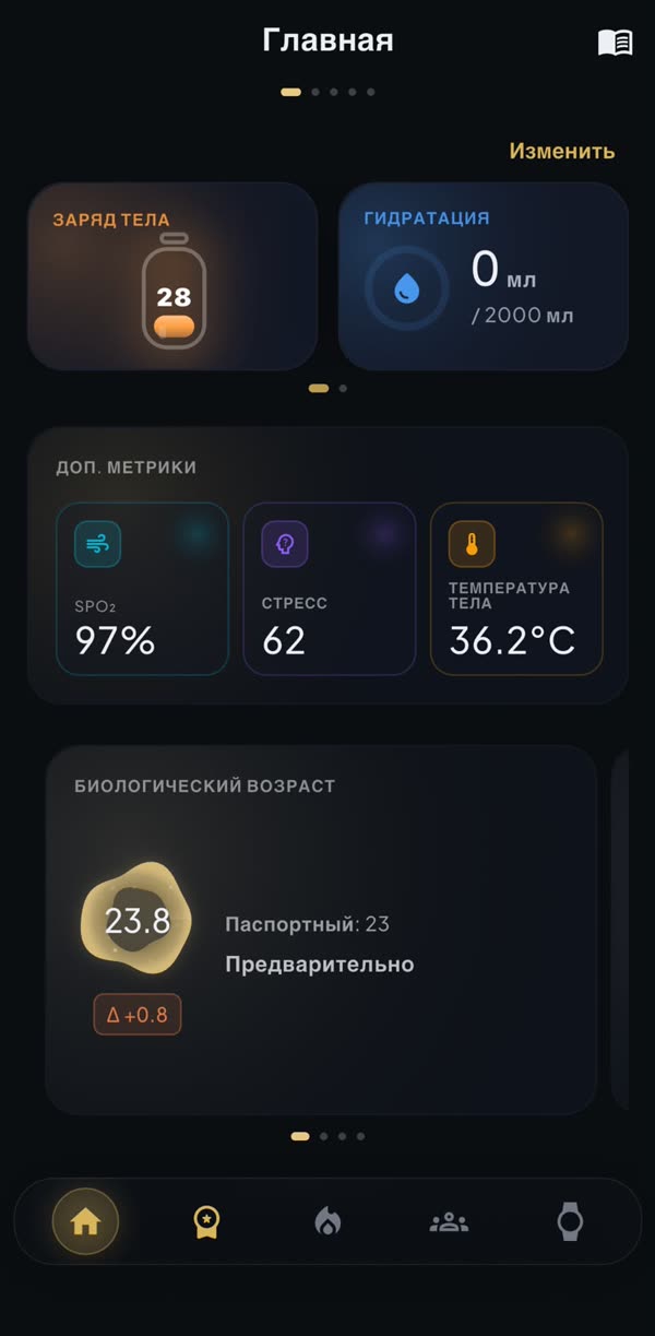 BYMER widgets: body battery, hydration, SpO2, stress and biological age